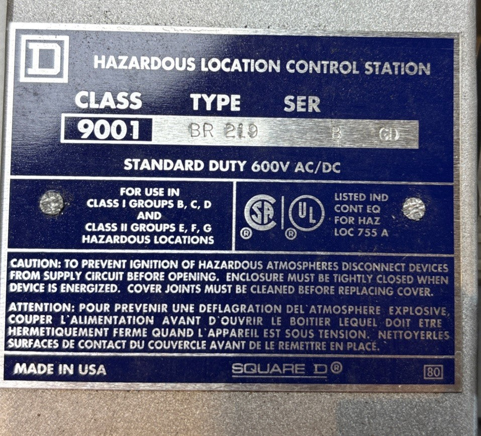 Schneider Electric Square D 9001-BR219 Start Stop Push Button Station 600V NEMA