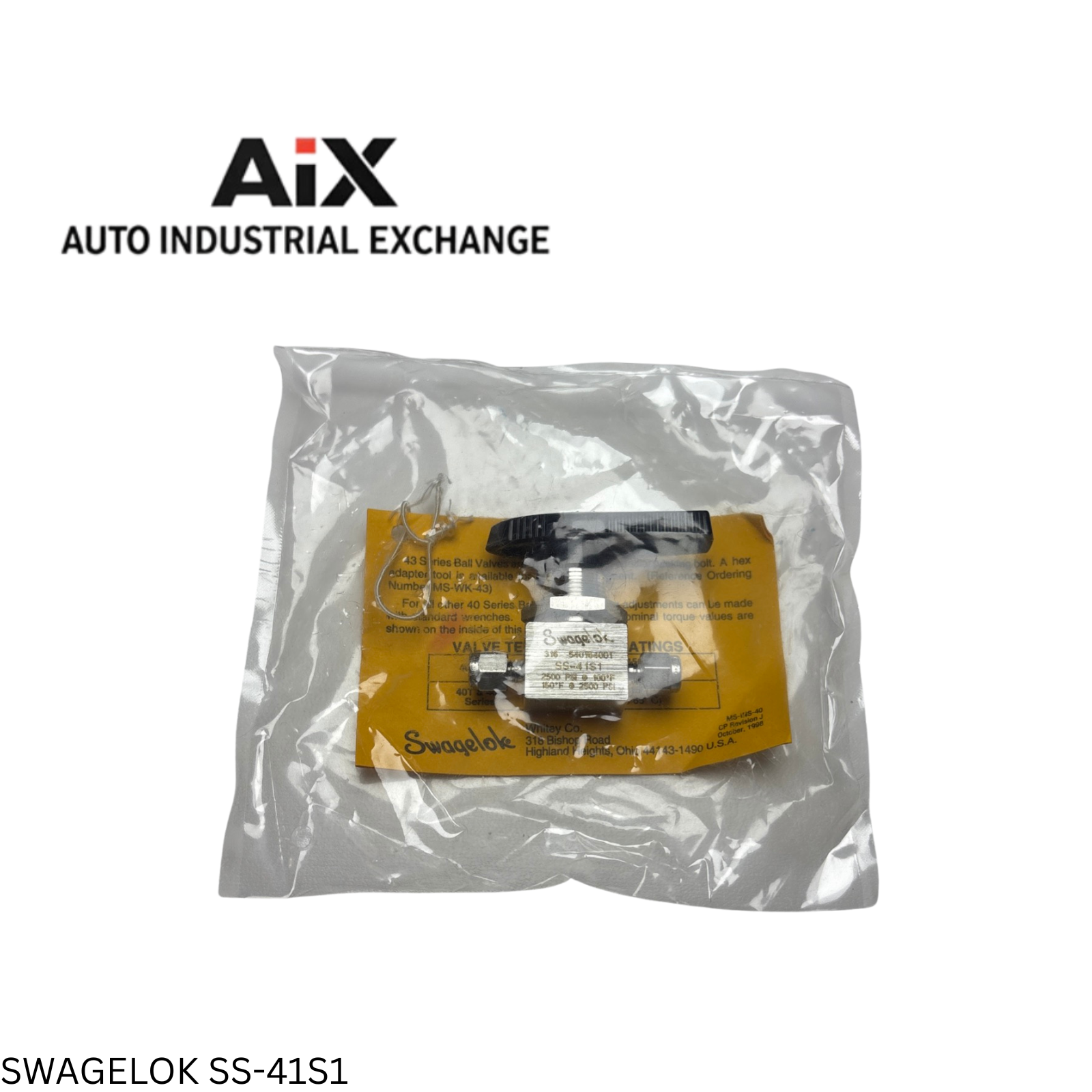 Swagelok SS-41S1 Stainless Steel Ball Valve 2-Way 1/16 Tube Fitting 2500 PSIG