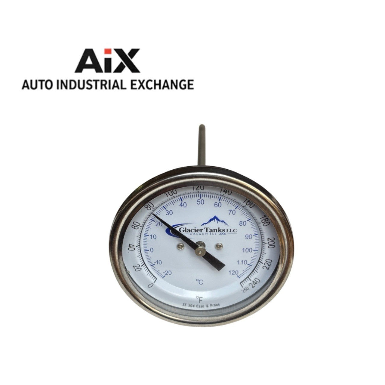 Glacier Tanks Thermometer – SS304 Case & Probe – 0-250°F / –20-120°C