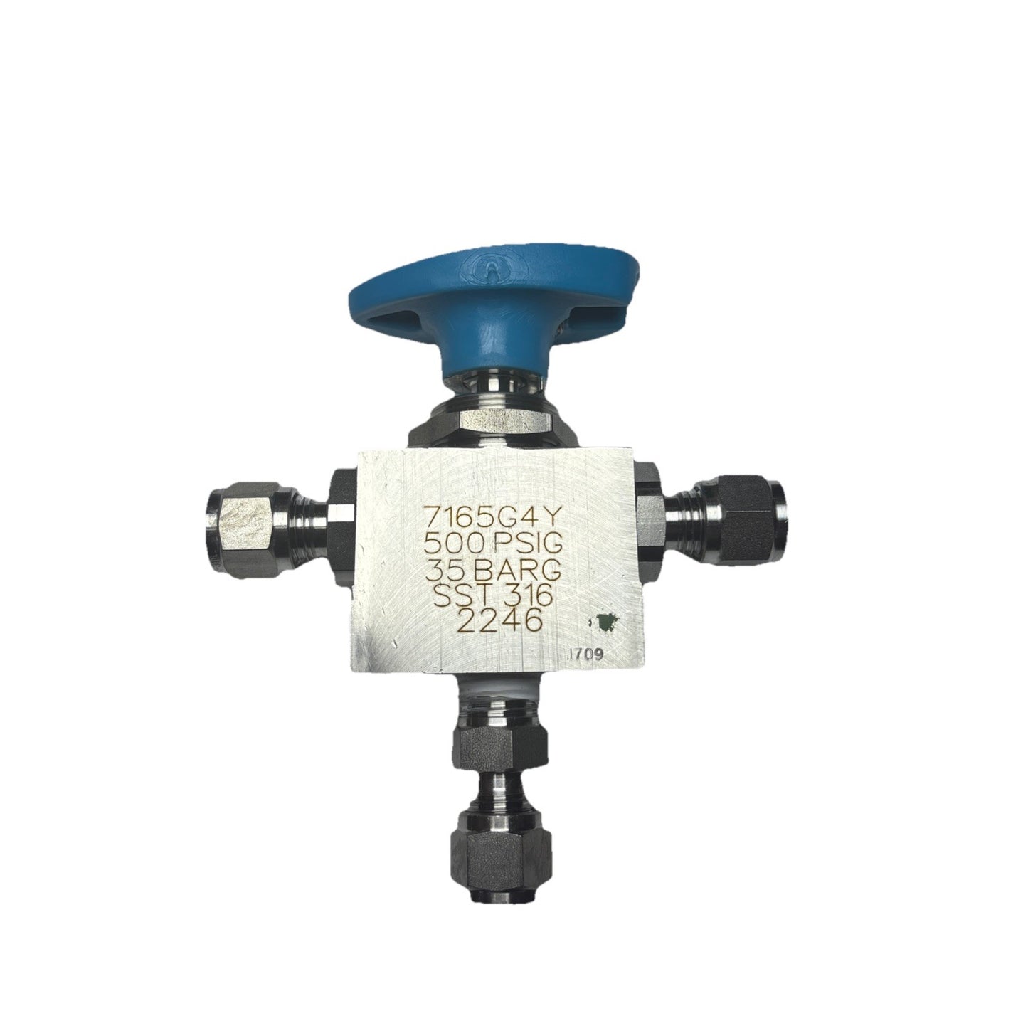 Hoke Selecto-Mite 7165G4Y 316 Stainless 3-Way Ball Valve with 1/4" NPT Gyroloks