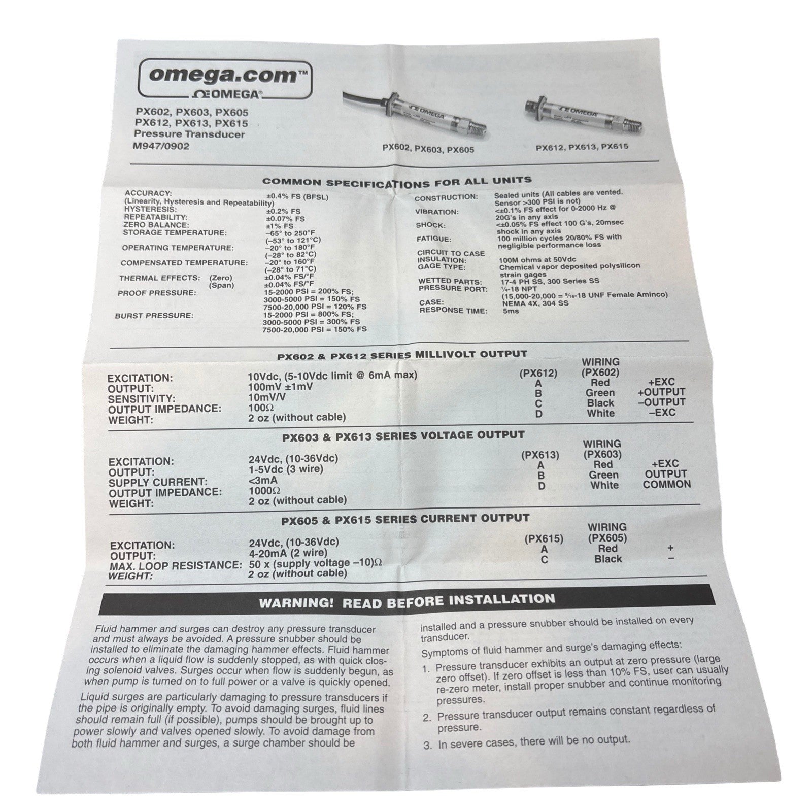 Omega PX615-2KGI 0–2000 PSI 4–20mA Pressure Transducer 1/4” NPT SS NEW