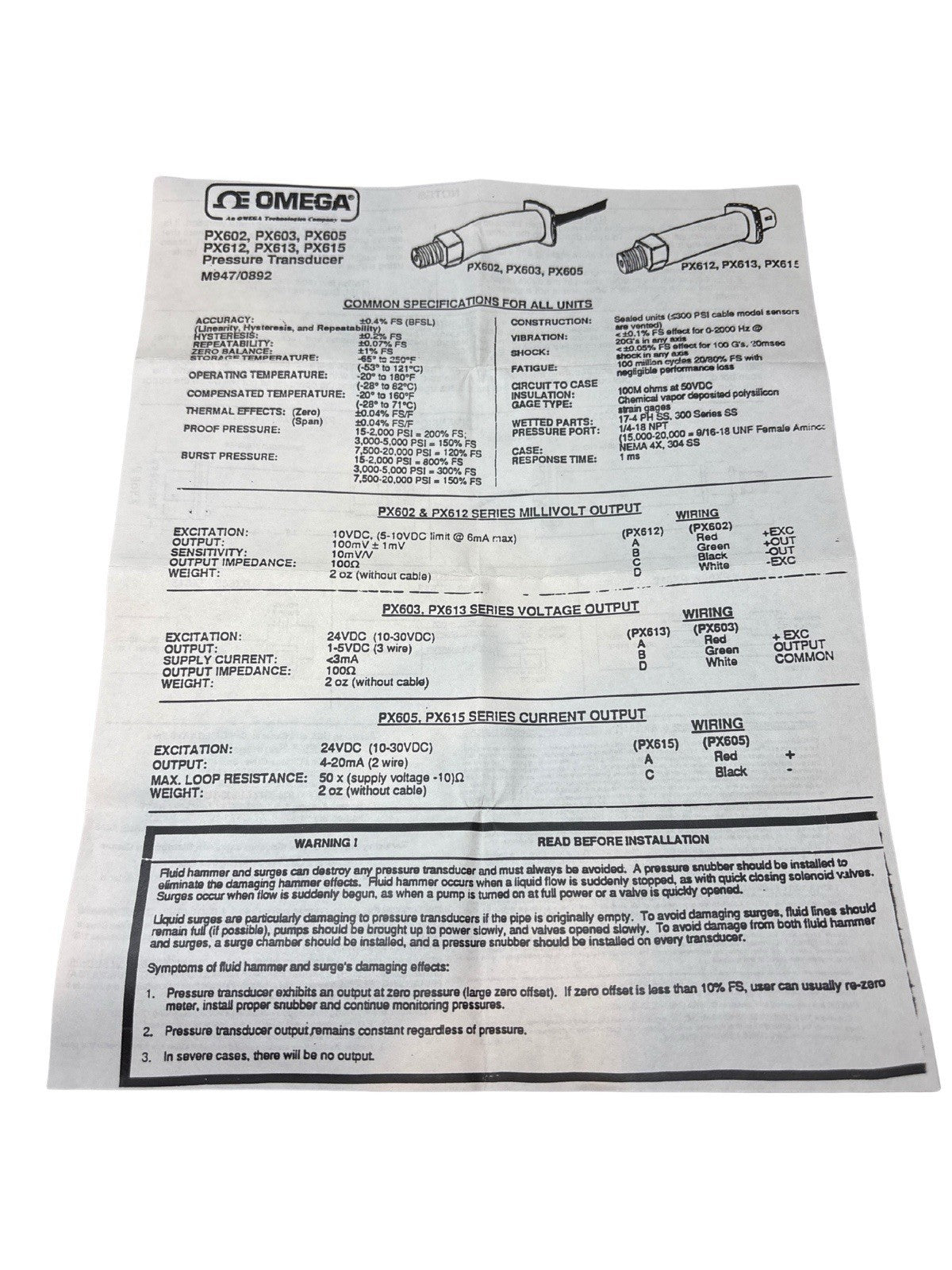 Omega PX615-1KGI Transducer Range 1000 psig 10-30 vdc Output 4-20 ma