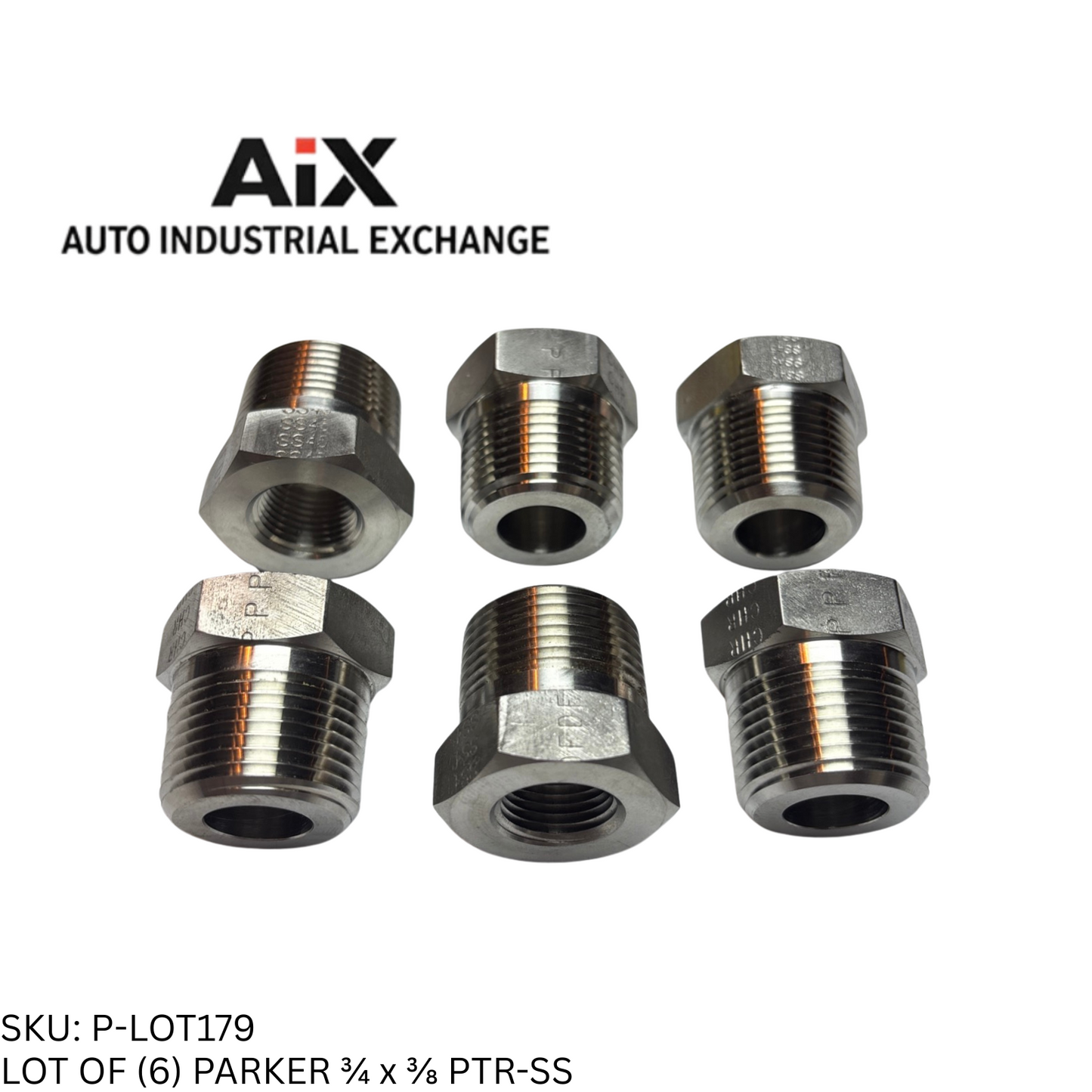 Lot of 6 Parker PTR-SS Pipe Reducer 3/4-14 Male NPTF x 3/8-18 Female NPT SS