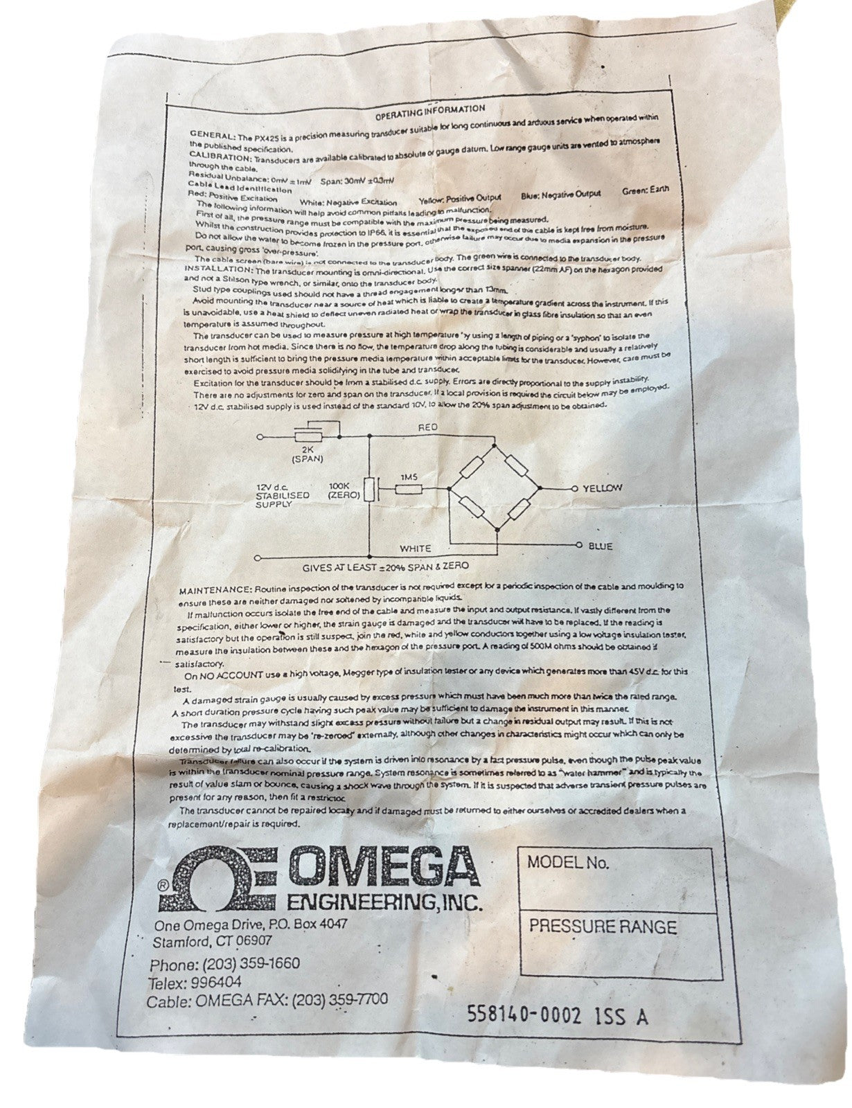 NEW Omega Engineering PX425-100AV 0-100PSI, Pressure Transducer Transmitter