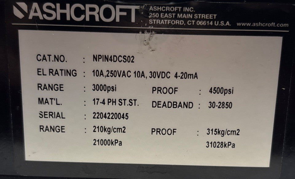 Ashcroft NPND0SC02 Digital Pressure Switch Transmitter | 0–3000 PSI | 4–20mA