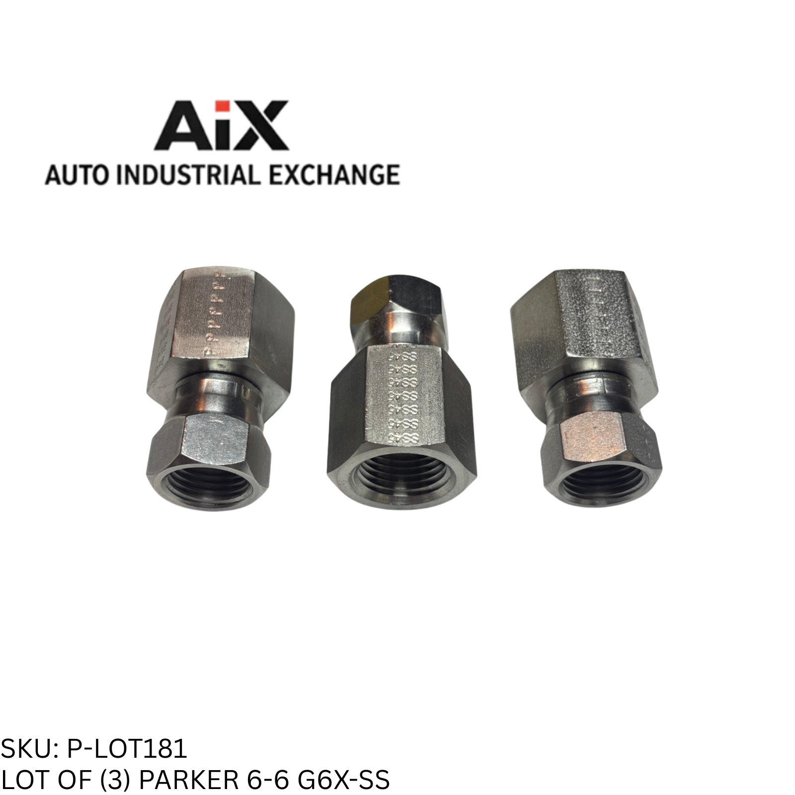 Lot of 3 Parker 6-6 G6X-SS Straight Adapter 37° Flare Tube to Female NPT SS